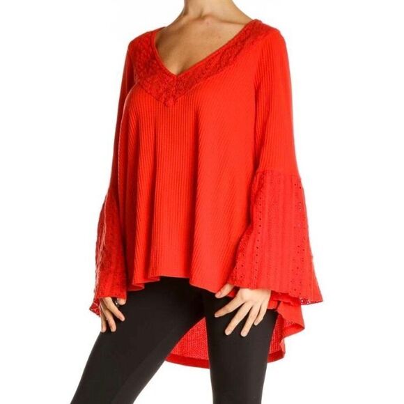 Free People Parisian Nights Boho Bell Sleeve Lace Detail Top Size XSmall - Picture 1 of 5